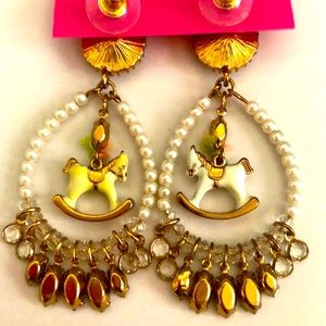 BETSEY JOHNSON teardrop pearl pink rhinestone earrings w carousel horse